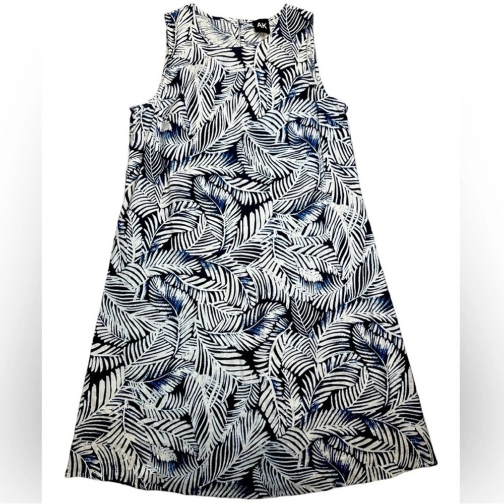 Anne Klein Blue & White Linen Blend Palm Print Dress M